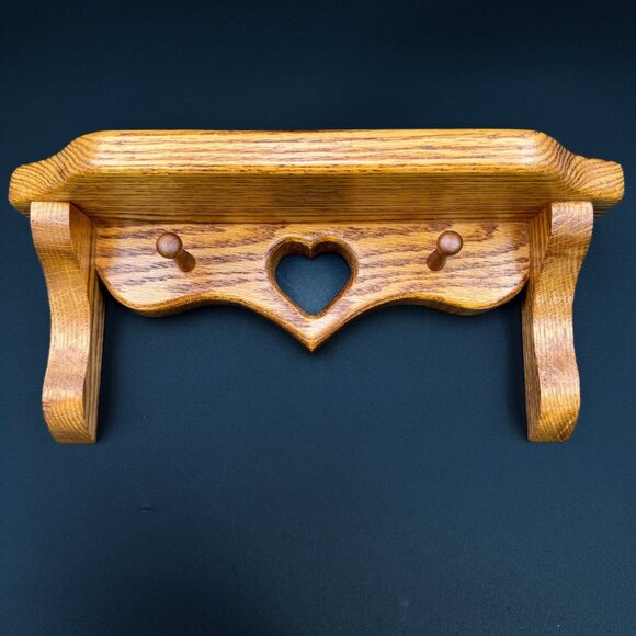 Vintage Oak Wood Wall Shelf Display Heart Pegs Knick Knack Rustic Farmhouse - Picture 1 of 7
